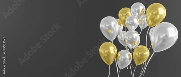 Fototapeta Balloons in gold and silver on black background, banner size, 3d render