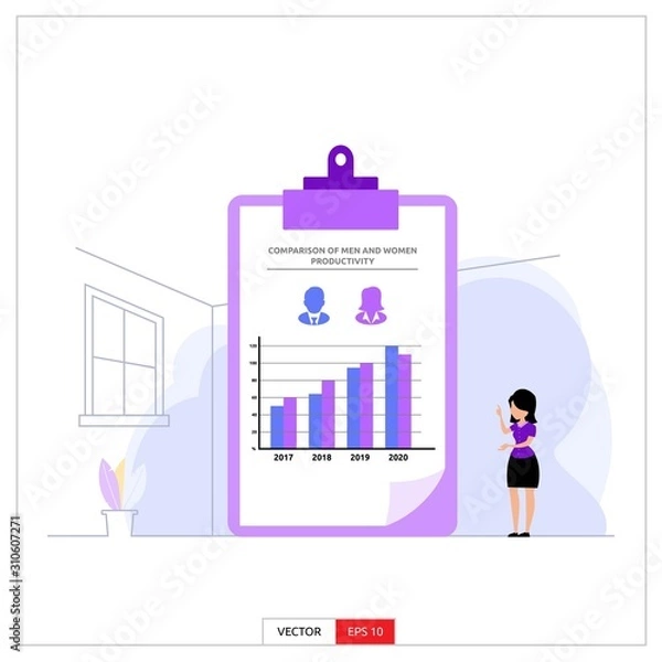 Fototapeta a woman is showing productivity comparison data between men and women in a clipboard. Vector illustration flat design style.