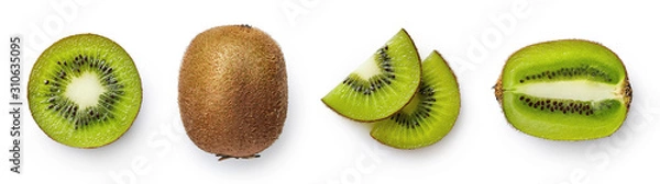 Fototapeta Świeże owoce kiwi w całości, na pół lub w plasterkach