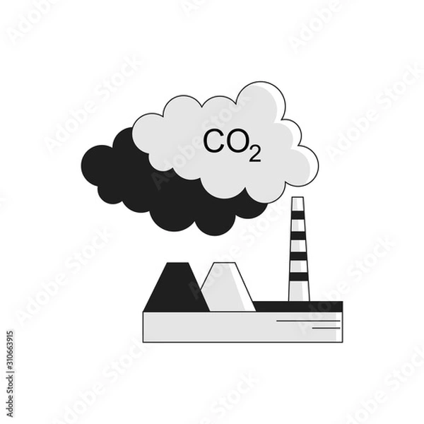 Fototapeta Plant with chimney polluting carbon dioxide. CO2 emissions production from factory symbol. Industry pollution vector icon isolated on white background