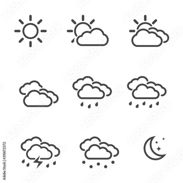 Fototapeta Weather icons set line or outline style simple flat symbols isolated on white background. Vector illustration