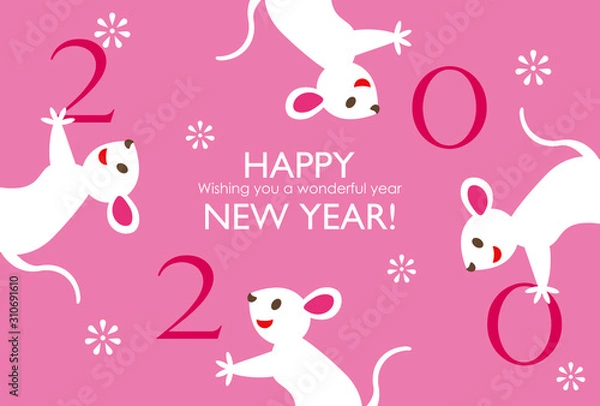 Fototapeta HappyNewYear2020 & CuteMice With PinkBackground