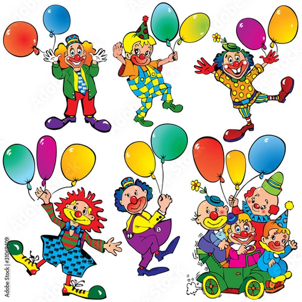Fototapeta Funny clowns with balloons on a white background.