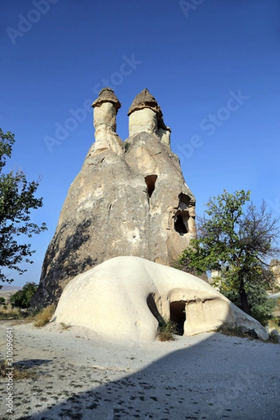 Obraz Unusually shaped cliffs of volcanic origin in the Pashabag Valley in the Cappadocia region in Turkey.