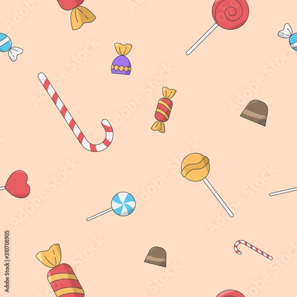 Fototapeta Sweet candy background - Vector color seamless pattern of lollipop, caramel, chocolate and sugar for graphic design