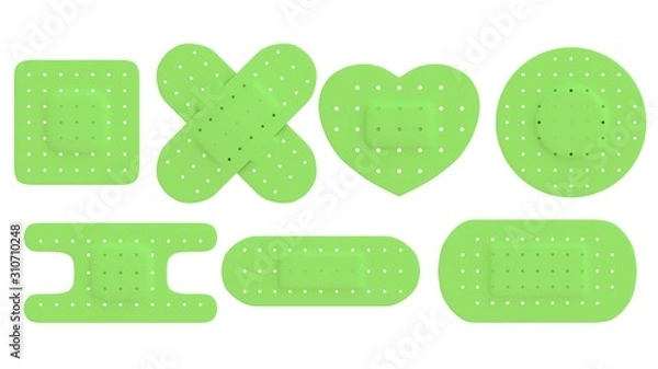 Fototapeta Adhesive bandages set in different shape isolated on white background, green. Adhesive plasters.