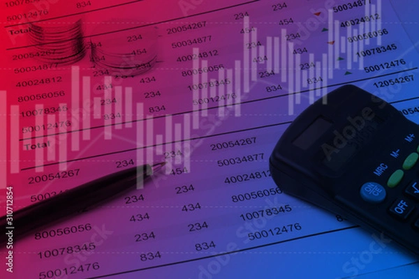 Fototapeta Financial concept background. Statement, Calculator and pen. Gradient manipulate with image