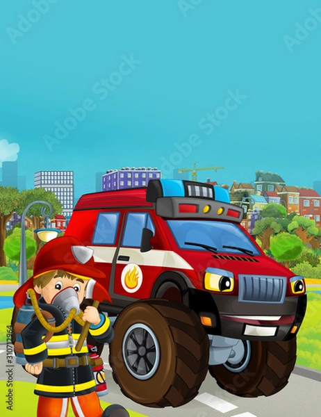 Fototapeta cartoon scene with fireman vehicle on the road - illustration for children