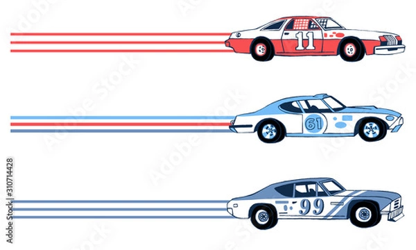 Obraz Hand drawn retro racing cars. Moving sport cars. Grand Prix background. Side View. The 1970's