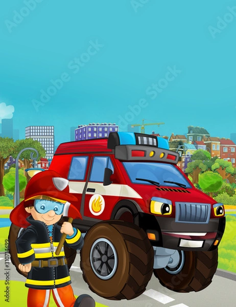 Fototapeta cartoon scene with fireman vehicle on the road - illustration for children