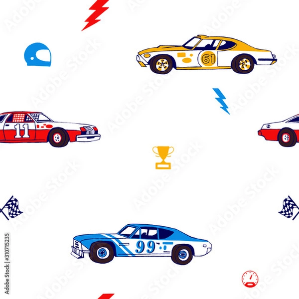 Obraz Racing cars seamless pattern. Hand-drawn muscle cars with isolated equipment and tools for racing. Pen graphic. Racing sport illustration. Backround for boys.