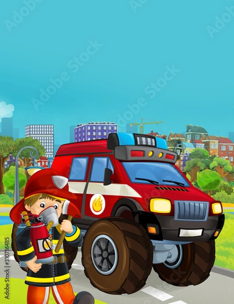 Fototapeta cartoon scene with fireman vehicle on the road - illustration for children