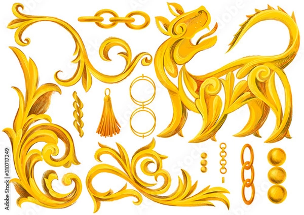 Obraz Set of isolated objects, golden elements in baroque, rococo style. Gold chains, jewelry, lion, tassel, heraldic elements, frame border swirl ornament. Retro decorative design.