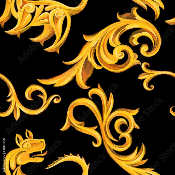 Fototapeta Luxury seamless pattern with golden Baroque elements. Heraldic swirl border frame and griffin. Victorian, Rococo, Baroque style background.