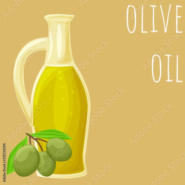 Fototapeta Olive oil bottle vector illustration, isolated on colored background, cartoon style oil type clip-art.