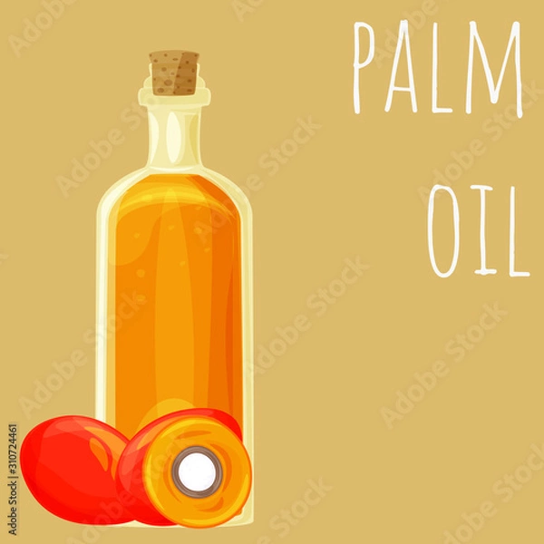 Fototapeta Palm oil bottle vector illustration, isolated on colored background, cartoon style oil type clip-art.