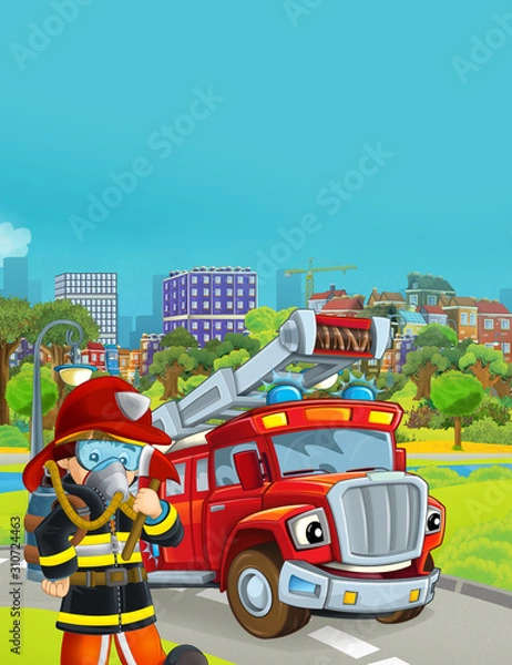 Fototapeta cartoon scene with fireman vehicle on the road - illustration for children