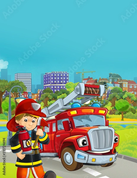 Fototapeta cartoon scene with fireman vehicle on the road - illustration for children