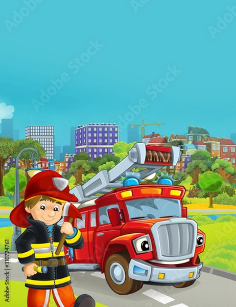 Fototapeta cartoon scene with fireman vehicle on the road - illustration for children