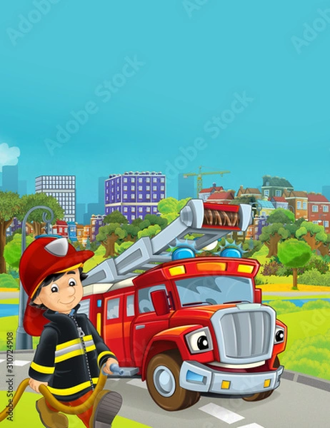 Fototapeta cartoon scene with fireman vehicle on the road - illustration for children