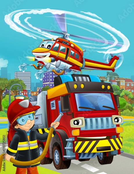 Fototapeta cartoon scene with fireman vehicle on the road - illustration for children
