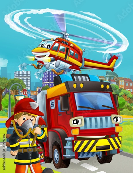 Fototapeta cartoon scene with fireman vehicle on the road - illustration for children