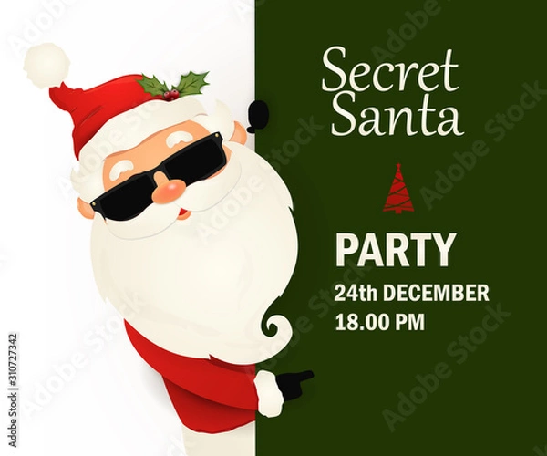 Fototapeta Secret Santa Claus invitation background standing behind a blank sign, showing on big blank sign. Cartoon Santa Claus character holding a placard with white copy space. Santa clause.