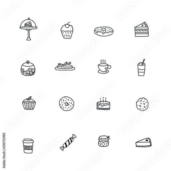 Fototapeta Food icons set. Cartoon template. Hand drawn objects for posters,menu, greeting cards, web designs, wrapping paper, textile, wallpaper, holiday letters, home decor, other projects.
