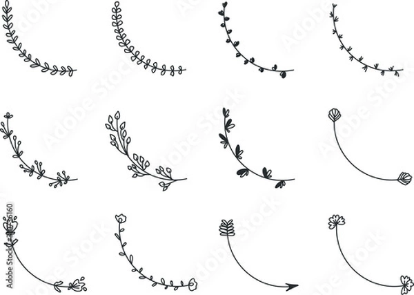 Fototapeta Hand drawn set of line frames on a white background. Sketch elements of floral and herbs ornaments for banner design. Line border collection. Arrows. Isolated separators. Vintage border. 