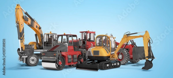 Fototapeta Concept group of road machinery excavator road roller 3D rendering on blue background with shadow