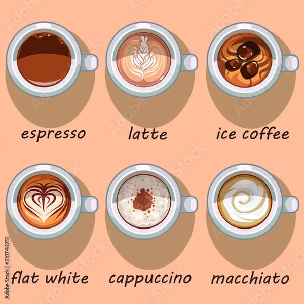 Obraz Set of six different sorts of coffee in white cups
