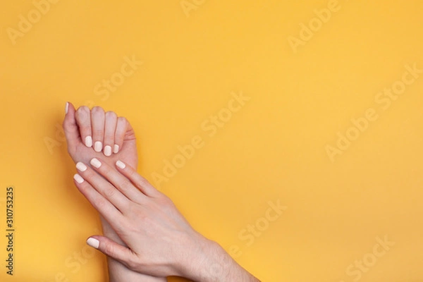 Fototapeta Beautiful female hands with a classic matte manicure on a yellow background. Place for your text.