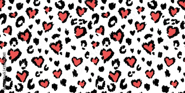 Fototapeta Leopard or jaguar print seamless pattern, textured fashion print, abstract safari background for fabric, textile. Effect of big tropical wild cat fur, spots stylized as hearts with pink camouflage