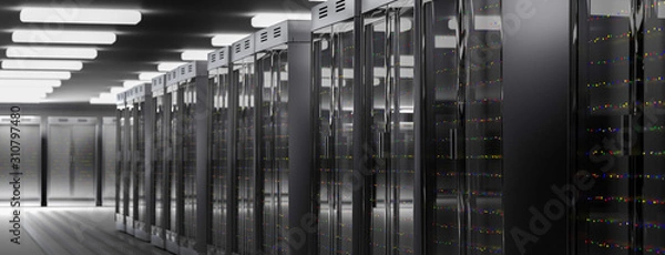 Fototapeta Servers. Server room data center. Backup, hosting, mainframe, farm and computer rack with storage information. 3d render