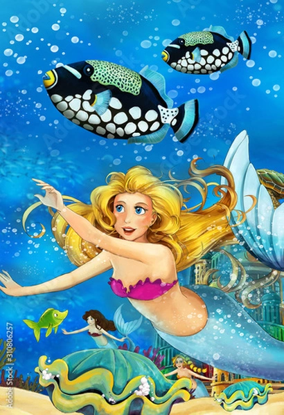 Fototapeta Cartoon ocean and the mermaid in underwater kingdom swimming with fishes - illustration for children