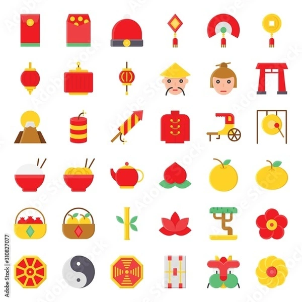 Fototapeta china new year related envelope, rice bowl, dress, noodles bowl, orange, flower, spring flower, fruit basket, man face, woman face, and yin yang vector in flat design