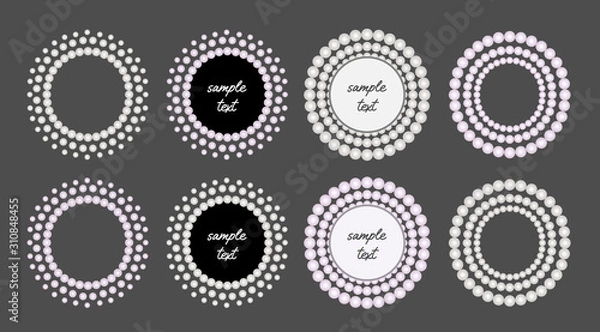 Obraz Set of elegant luxury round white and pink pearls compositions. Classical round frames for card, invitation, banner, poster, certificate, voucher. Vector illustration