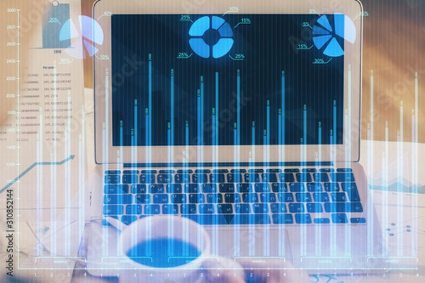 Obraz Double exposure of forex graph and work space with computer. Concept of international online trading.