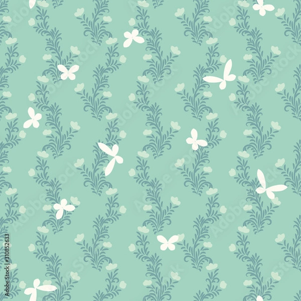Fototapeta A seamless vector pattern with btterflies and floral ornament in palemint green colors. Deorative surfae print design. Great for stationery, fabrics, and packaging.