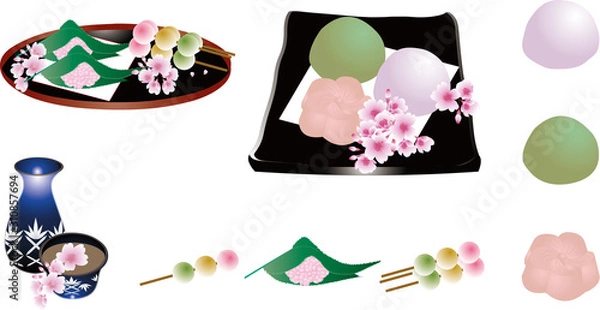 Fototapeta 桜のお花見に桜餅や桜のお団子と三色串団子に江戸切子のおちょこととっくりのイラストセット素材