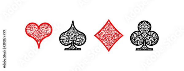 Obraz Zestaw 4 kart do gry pasuje do ikony dekoracji wzór diamenty, koniczyny, serca, pik szablon czarny i czerwony. Gra w karty komplet ornament symbol piktogram dla kasyna pokerowego na białym tle