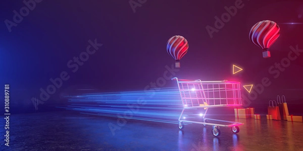Fototapeta ..A shopping cart moves at the speed of light on a backdrop with balloons and gift boxes. All live in a futuristic atmosphere. 3D render...