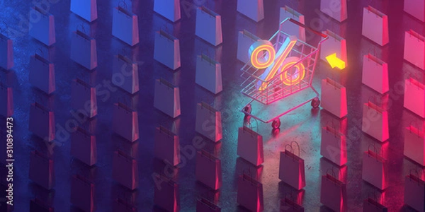 Fototapeta The three-dimensional percentages are placed in a shopping cart and there are many shopping bags around. All live in a futuristic atmosphere. 3D render.