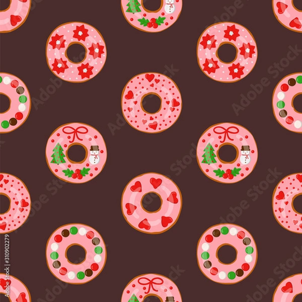 Fototapeta Christmas donuts, seamless pattern, vector illustration