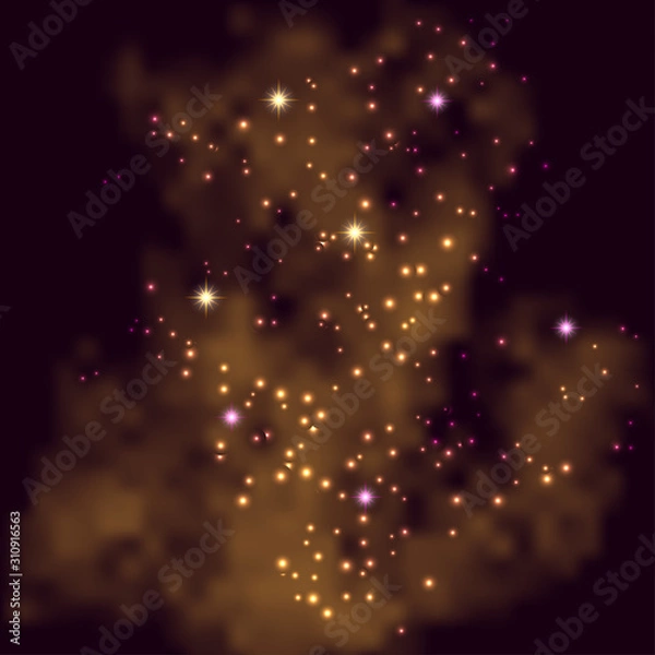 Fototapeta Abstract gold and purple smoke background with glowing stars and sparkles. Galaxy glitter shiny effect, fog and glowing particles. Vector illustration