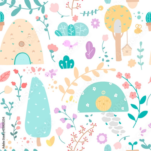 Fototapeta Cute plants flat vector color seamless pattern