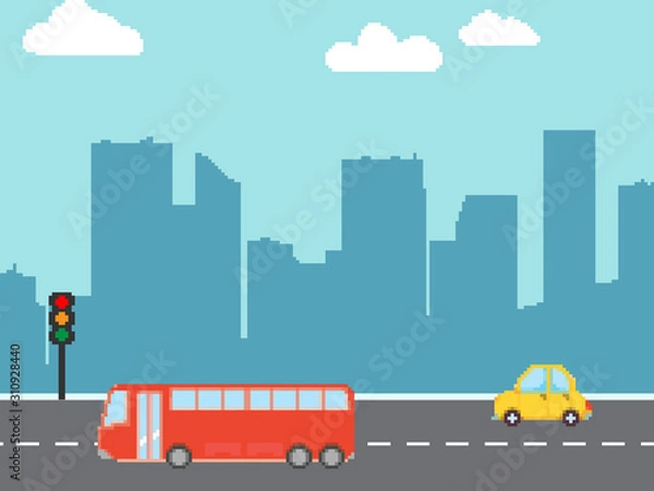 Fototapeta Pixel cartoon cars, bus. Vector set. Pixel art 8 bit. Perfect for fabric, wallpaper, game, wrapping paper and stationery projects.