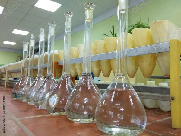 Obraz laboratory flasks with liquid solutions