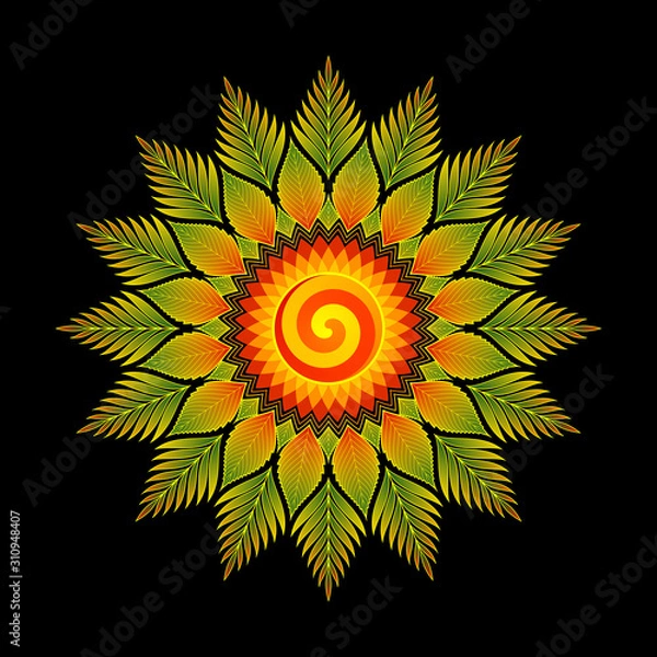 Obraz Illustration of festive abstract mandala; Decorative mesmerizing sun; Colorful magic flower and plants; Sacred geometry and visionary art; Vector template.