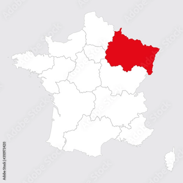 Obraz Grand Est province marked red on france map. Gray background.